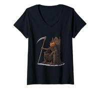 Donna Zucca Mietitore Scheletro King Dark Fantasy Opera d'Arte Halloween Maglietta con Collo a V