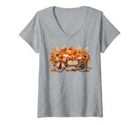 Donna Zucca Patch Wagon con Girasoli e Fiori Raccolti Maglietta con Collo a V