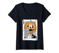 Donna Zucca Re di Cuori Jack-o-Lantern Poker Face Maglietta con Collo a V