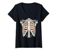Donna Zucca Rib Cage Scheletro Halloween X-Ray Anatomia Infermiera Maglietta con Collo a V