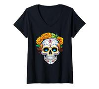 Donna Zucchero Skull Dia De Los Muertos Chignon Disordinato Fiori Halloween Maglietta con Collo a V
