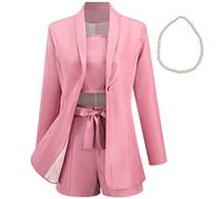 Donne 3 Pezzi Ufficio Lavoro Outfits Maniche Lunghe Blazer + Pantaloncini + Ritaglia in Alto Elegante Estivo Set Rosa, XXL