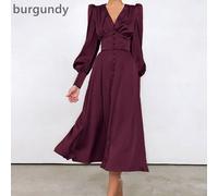 Donne Abiti Lunghi In Satin Con Scollo A V E Maniche A Lanterna Eleganti Vintage