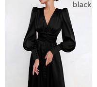 Donne Abiti Lunghi In Satin Con Scollo A V E Maniche A Lanterna Eleganti Vintage