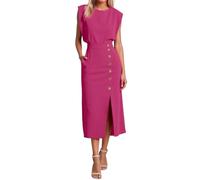 Donne Abito estivo senza maniche Casual Sciolto Swing Button Down Elegante scollo a V Abito Midi Hem Split Slim Casual Spacco Abito Aderente Vintage con Tasche S-2XL, rosso, L