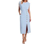 Donne Abito estivo senza maniche Casual Sciolto Swing Button Down Elegante scollo a V Abito Midi Hem Split Slim Casual Spacco Abito Aderente Vintage con Tasche S-2XL, blu, L