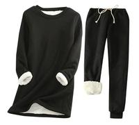 Donne Autunno E Inverno Confortevole Casual Tinta Unita Girocollo Manica Lunga Più Pile Bottoming Camicia Media Lunghezza Elastico Vita Pantaloni Addensati Slim Fit Caldo Ragazzi Top Termici, Nero , L