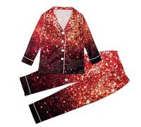 Donne Autunno Inverno Stampe Moda Pigiama Cielo Stellato Colori Pantaloni Lunghi Pigiameria Set Morbido Comodo Night Wear Scollo a V Lounge Wear Carino Due Pezzi Pigiama Wear, vino, M