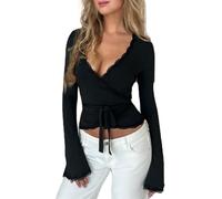 Donne Balletto Wrap Top Y2K Croce Nodo Manica Lunga Scollo a V Profondo Slim Yoga Crop Camicette Sexy Fairy Coquette Camicette, Pizzo nero., S