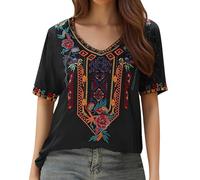 Donne Camicetta da Ricamo Bohemian Autunno Tunica Ricamo Folklore Tops Camicia Scollo a V Estate Tunica Camicette Boho Hippie Manica Corta Loose Top B708