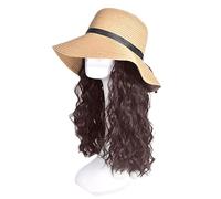 Donne Cappello a tesa larga da donna, parrucca for capelli lunghi ricci, cappello for a doppio uso for vacanze all'aperto Festa(Bruin)