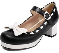 Donne Carino Mary Jane Fiocco Kawaii Tacchi Carino una Fibbia Cinturino Tacco Grosso Speciale Spaghetti Cinturino Fiocco Pizzo Partito Abito Scarpe (12a-nero,35)
