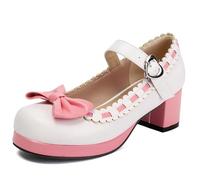 Donne Carino Mary Jane Fiocco Kawaii Tacchi Carino una Fibbia Cinturino Tacco Grosso Speciale Spaghetti Cinturino Fiocco Pizzo Partito Abito Scarpe (10a-bianco,35)