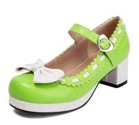 Donne Carino Mary Jane Fiocco Kawaii Tacchi Carino una Fibbia Cinturino Tacco Grosso Speciale Spaghetti Cinturino Fiocco Pizzo Partito Abito Scarpe (10a-verde,34)