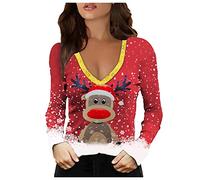 Donne Casual Top Camicetta Scollo a V Natale Stampa a maniche lunghe Camicette Maglione Sexy Spalla Fredda Top Soft Top esso Glitter, Colore: rosso, XXL