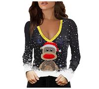 Donne Casual Top Camicetta Scollo a V Natale Stampa a maniche lunghe Camicette Maglione Sexy Spalla Fredda Top Soft Top esso Glitter, Nero , XXL
