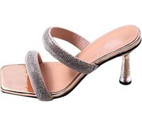 Donne Chiaro Strass Grandi Tacchi Alti Sandali Piazza Aperto Punta Due Bracciale Senza Schiena Sulla Spiaggia Infradito, oro, 36 EU
