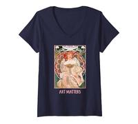 Donne con Fiori Parigi Mucha Art Nouveau Art Matters Maglietta con Collo a V, Donna, Navy, L