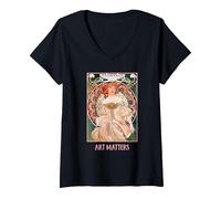 Donne con Fiori Parigi Mucha Art Nouveau Art Matters Maglietta con Collo a V, Donna, Nero, L
