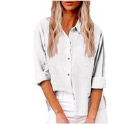 Donne Cotone Lino Camicie Casual, Elegante Curvy Camicia in Lino Camicia con Maniche Lunga e Colletto a Revers in Tinta Unita Leggera e Comoda per L'Estate Camicetta da Donna alla Moda da Spiaggia