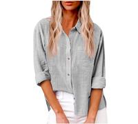 Donne Cotone Lino Camicie Casual, Elegante Curvy Camicia in Lino Camicia con Maniche Lunga e Colletto a Revers in Tinta Unita Leggera e Comoda per L'Estate Camicetta da Donna alla Moda da Spiaggia