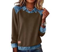 Donne Denim Patchwork Felpe, Button Risvolto Colletto Manica Lunga Camicia Casual Natale Pullover, Caff, L