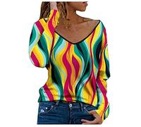 Donne di Colore Geometria Stampato Top Camicie Manica Lunga Scollo A V Casual Moda T-Shirt Sciolto Colorato Camicetta Delle Signore, giallo., M