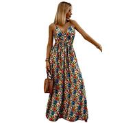 Donne Elegante Abito da Cerimonia Sera Lungo Schienale Fascia Vestito Senza Maniche Estivo Casual Floreale Fiori Fantasia Dress(L,Fiore blu-5243)