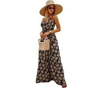 Donne Elegante Abito da Cerimonia Sera Lungo Schienale Fascia Vestito Senza Maniche Estivo Casual Floreale Fiori Fantasia Dress(M,Nero-5243)