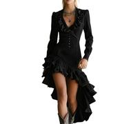 Donne Elegante Increspato Vita Pieghe Irregolare Sottile Partito Sexy Scollo a V Manica Lunga Lavaggio Denim Abito Western Cowgirl Alto Basso Abiti, Nero , L