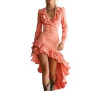Donne Elegante Increspato Vita Pieghe Irregolare Sottile Partito Sexy Scollo a V Manica Lunga Lavaggio Denim Abito Western Cowgirl Alto Basso Abiti, rosa, L