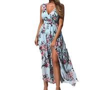 Donne Elegante Scollo a v Abito da Cerimonia Sera Lungo Vestito Senza Maniche Estivo Casual Floreale Fiori Fantasia Dress Maxi Spiaggia e Cocktail