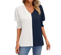 Donne Estate Moda Casual Scollo A V Allentato Bat Maniche Colore Corrispondente Top T Shirt Festa Top, Blu, XL