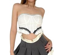 Donne Estetico Senza Spalline Volant Fascia Tubo Top Increspato Texture Scollo A Cuore Crop Perla Perline Bodycon Gilet Senza Spalline Senza Spalline Tubo Backless Bandeau Gilet, bianco, S