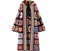 Donne Fatto A Mano Crochet Cappuccio Lungo Maglione Cappotto, Donne Cardigan Vintage Manica Lunga, Femminile Capispalla Chic Top, nero, Taglia Unica