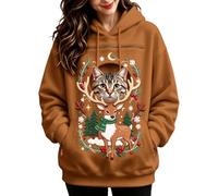 Donne Felpa Cappuccio Gatto Cornice Floreale Renna Sciarpa Tasca | Coulisse Regolabile Su Casacca, Pullover Illustrato, Stile Natalizio Del Top, Indumento Decorato, Per Cene Di Dicembre
