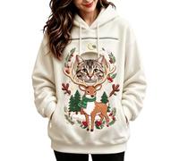 Donne Felpa Cappuccio Gatto Cornice Floreale Renna Sciarpa Tasca | Coulisse Regolabile Su Casacca, Pullover Illustrato, Stile Natalizio Del Top, Indumento Decorato, Per Cene Di Dicembre