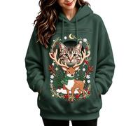 Donne Felpa Cappuccio Gatto Cornice Floreale Renna Sciarpa Tasca | Coulisse Regolabile Su Casacca, Pullover Illustrato, Stile Natalizio Del Top, Indumento Decorato, Per Cene Di Dicembre
