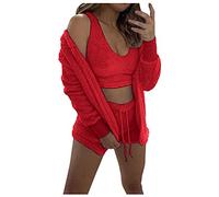 Donne Inverno Pigiama Set Caldo Flanella Biancheria Da Notte Con TRE Pezzi Pantaloncini Morbidi Accogliente Pigiami Per Le Donne, Colore: rosso, L