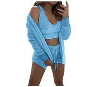 Donne Inverno Pigiama Set Caldo Flanella Biancheria Da Notte Con TRE Pezzi Pantaloncini Morbidi Accogliente Pigiami Per Le Donne, Azzurro, L
