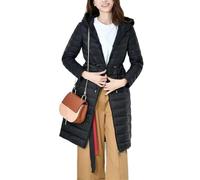 Donne Lunghezza Al Ginocchio Anatra Piumini Slim Vita Portatile Giù Imbottito Parka Femminile Con Cappuccio Puffer Capispalla, Nero, S