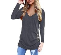 Donne Manica Lunga Scollo A V T Shirt Allentato Raccordo Tunica Tinta unita Top Plain Casual Camicetta Camisas de Mujer - - M