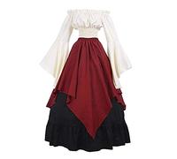 Donne Medievale Abiti retrò dalla Spalla Vestito Lungo Maniche Lunghe Camicia+Gonna Rosso XL