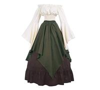 Donne Medievale Abiti retrò dalla Spalla Vestito Lungo Maniche Lunghe Camicia+Gonna Verde S