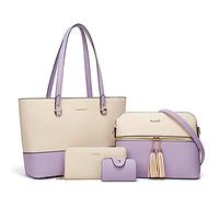 Donne Moda Sintetico Borse In Pelle Tote Bag Borsa A Tracolla Top Handle Satchel Portafoglio Set 4 pz, Beige+viola., Large
