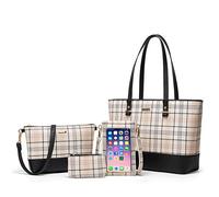 Donne Moda Sintetico Borse In Pelle Tote Bag Borsa A Tracolla Top Handle Satchel Portafoglio Set 4 pz, Beige-reticolo-b, Large