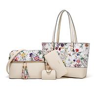 Donne Moda Sintetico Borse In Pelle Tote Bag Borsa A Tracolla Top Handle Satchel Portafoglio Set 4 pz, Fiore beige., Large