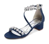 Donne Open Toe Scarpe da Sposa per La Sposa Chunky Block Heel Sandali Strass Cinturino alla Caviglia Décolleté,Marina Militare,36 EU