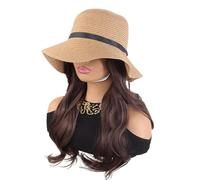 Donne Parrucca monopezzo for capelli ricci con onde grandi for le vacanze estive da donna cappello a tesa larga Festa(Bruin)