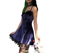 Donne Partito Vintage Grunge Mesh Patchwork Vestito Tulle Increspature Spaghetti Strap A Line Mini Dress, E-purple, L